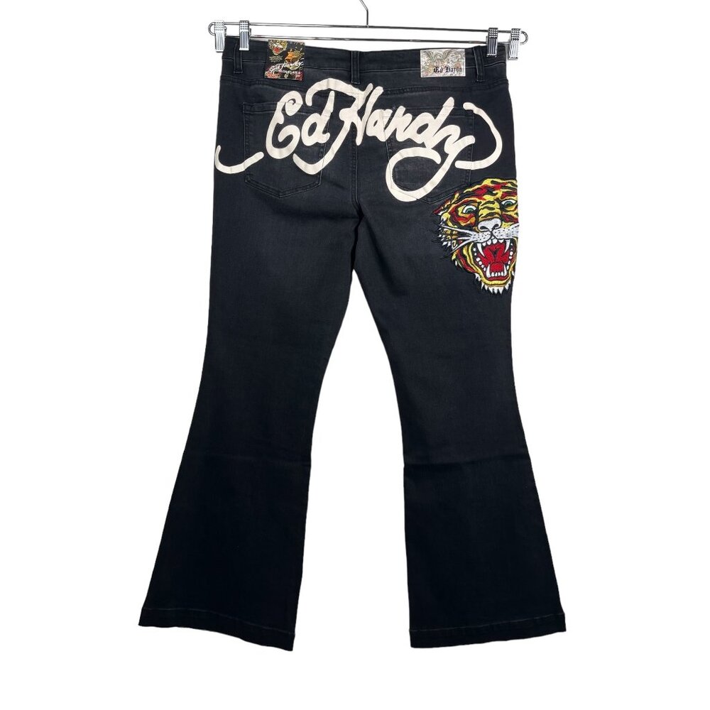 Ed Hardy 90s Flare black jeans Tiger head embroidery boho logo sz 34